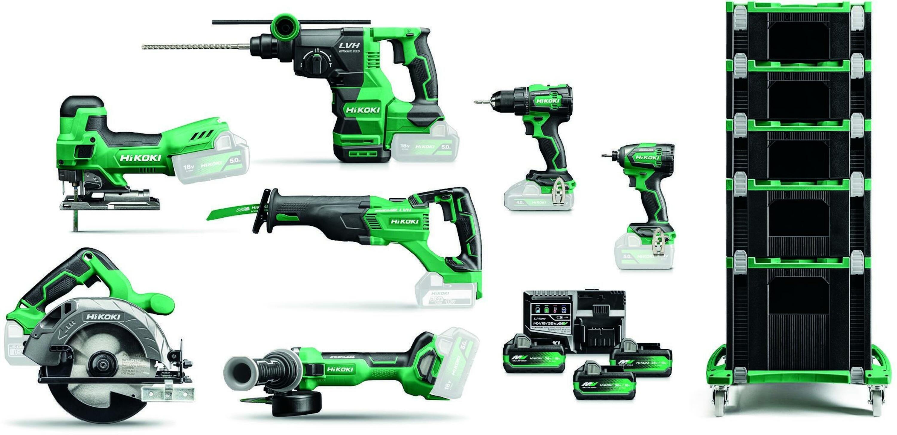 Ensemble combiné HiKOKI KC18H7B-MVA3 : 7 machines avec chariot, 3 batteries 5,0 Ah et chargeur dans une mallette HSC.
