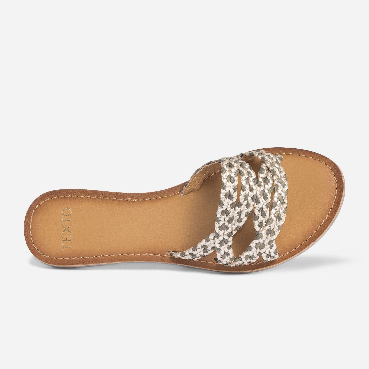 Mule TEXTO dorée et kaki en cuir et raphia tressé