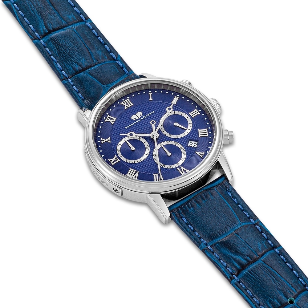 Rhodenwald & Söhne Chronographe Moonlight en Argent Cuir véritable en Bleu Montre