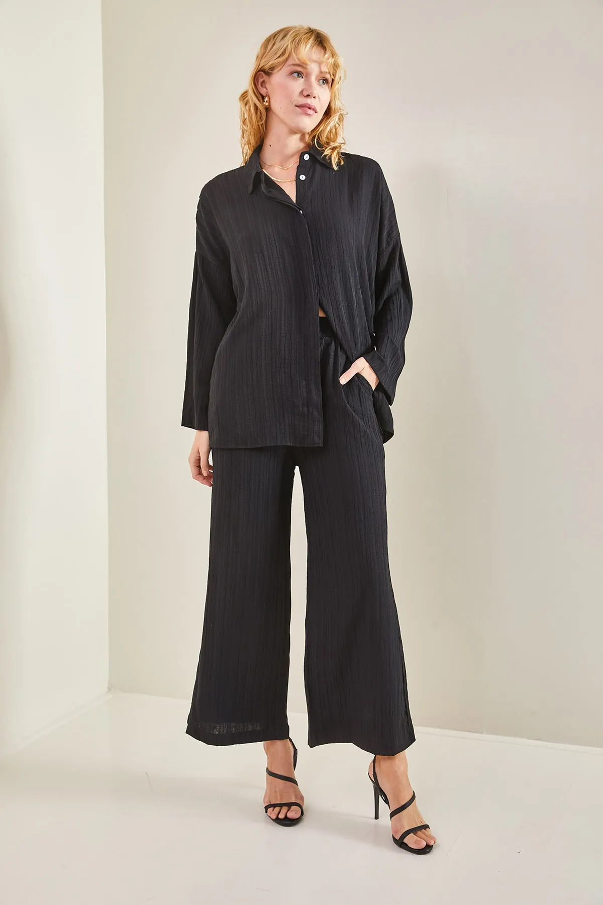 Bianco Lucci  Seersucker-Unterteil-Top-Set für Damen