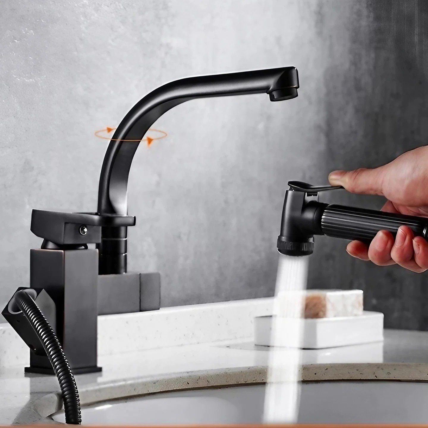 7Magic Waschtischarmatur Wasserhahn Küche, Hochdruck Armatur mit Brause Ausziehbar Armatur Mischbatterie Spültischarmatur, 360° Schwenkbar Zwei Sprühfunktionen