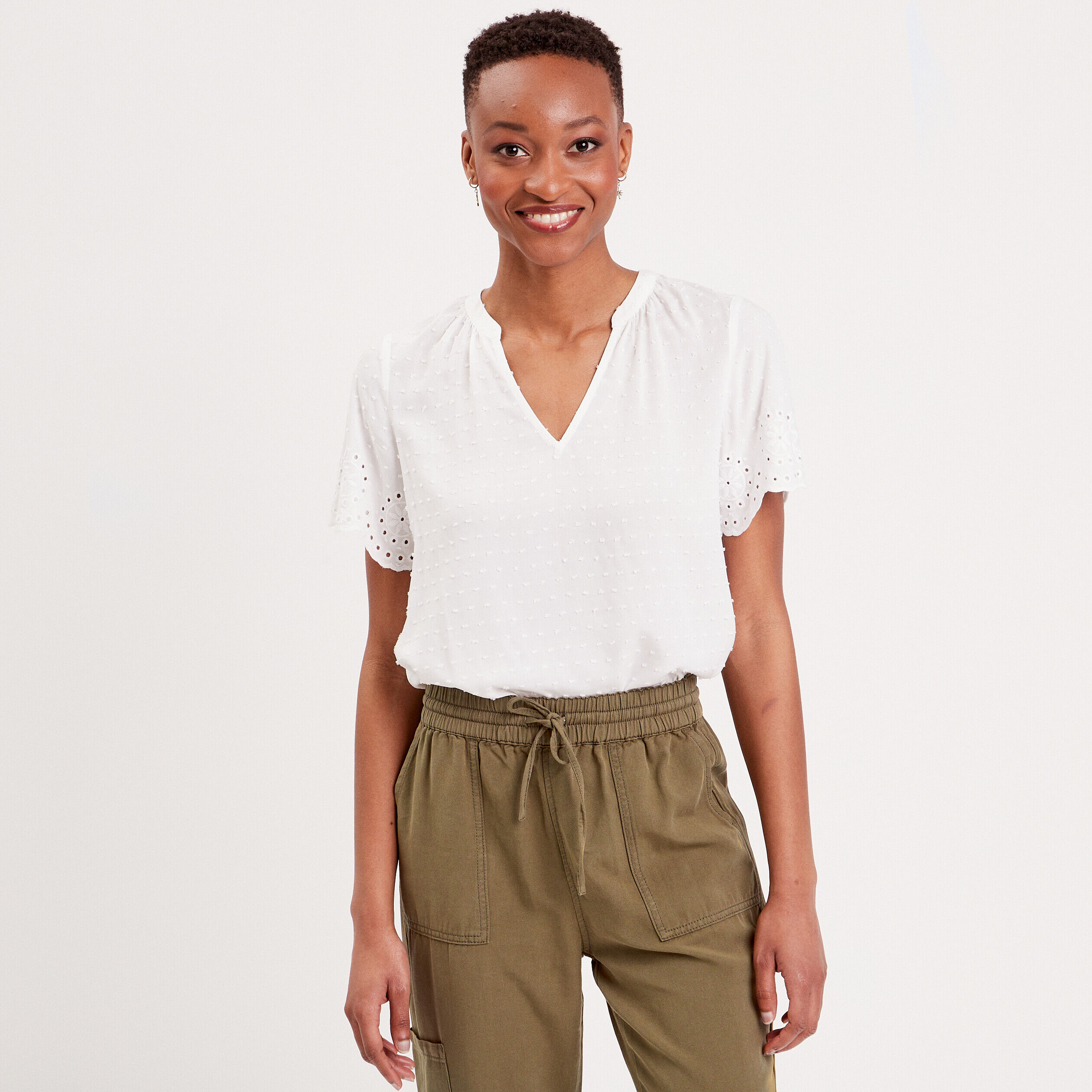 Blouse manches broderie blanc femme | Cache Cache