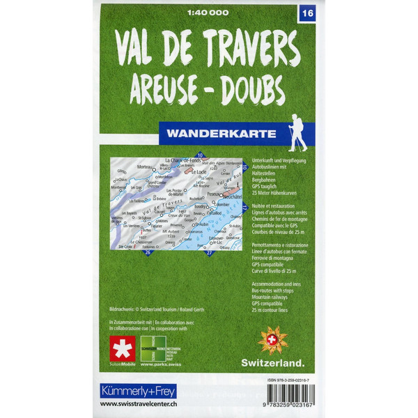 Val-de-Travers / Areuse - Doubs 16 Wanderkarte 1:40 000 matt laminiert - Wanderkarte