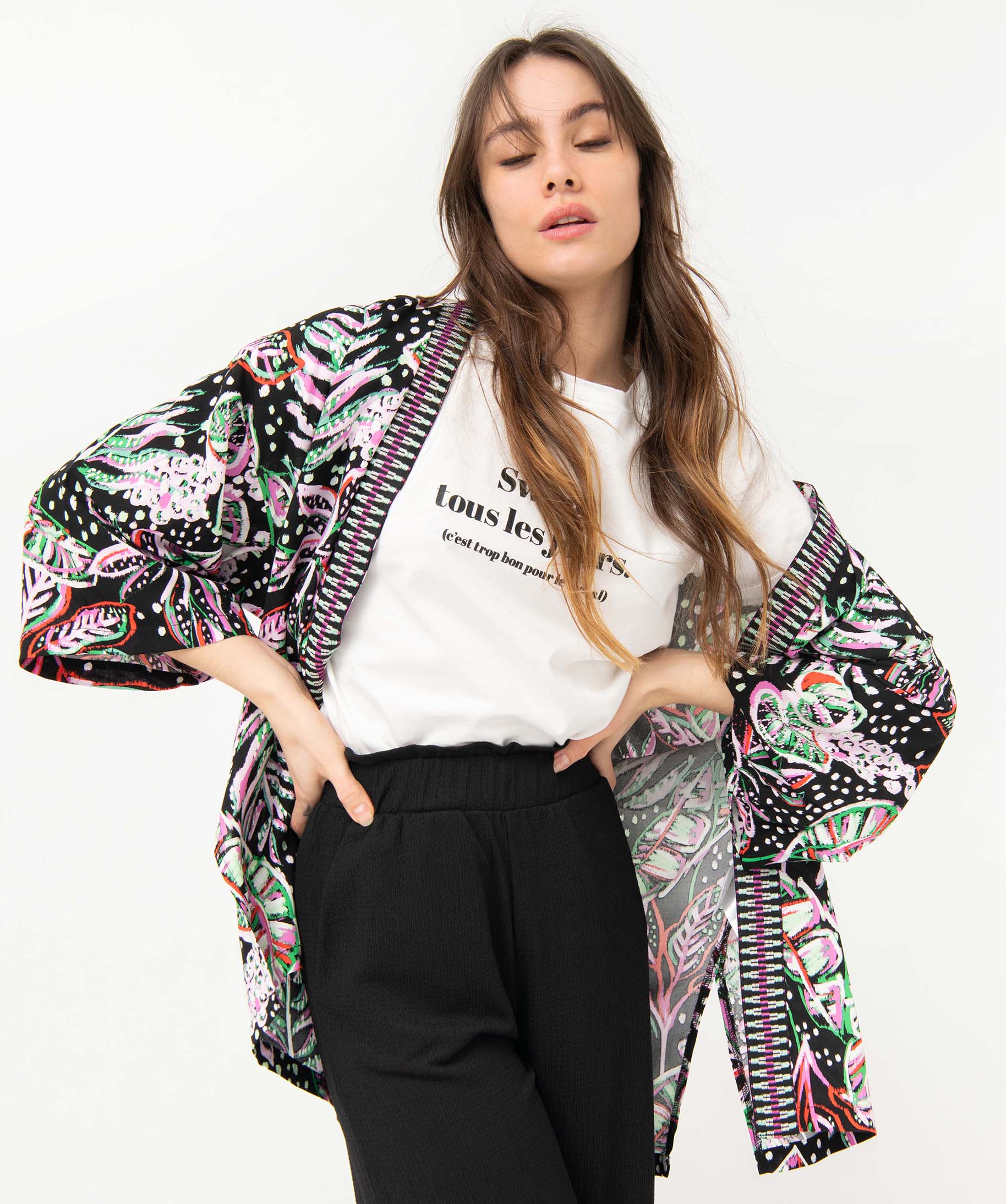Veste femme fluide faon kimono à motifs exotiques imprime | GEMO