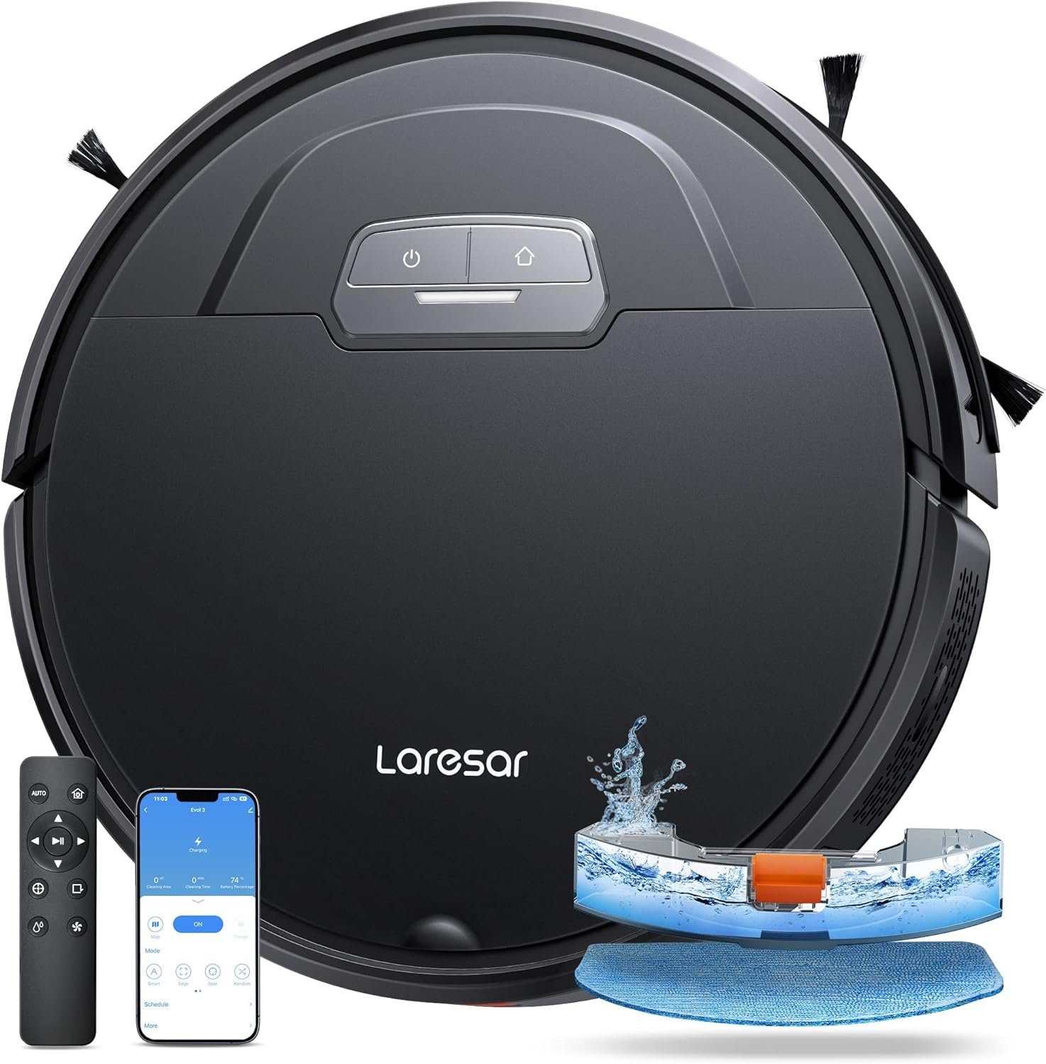 Laresar Saugroboter EVOL 3S, Saugroboter mit Wischfunktion 4500Pa Schwarz Roboter Staubsauger Super-dünn Saugroboter App/Remote/Sprachsteuerung ideal für Hartböden, Tierhaare, Teppiche