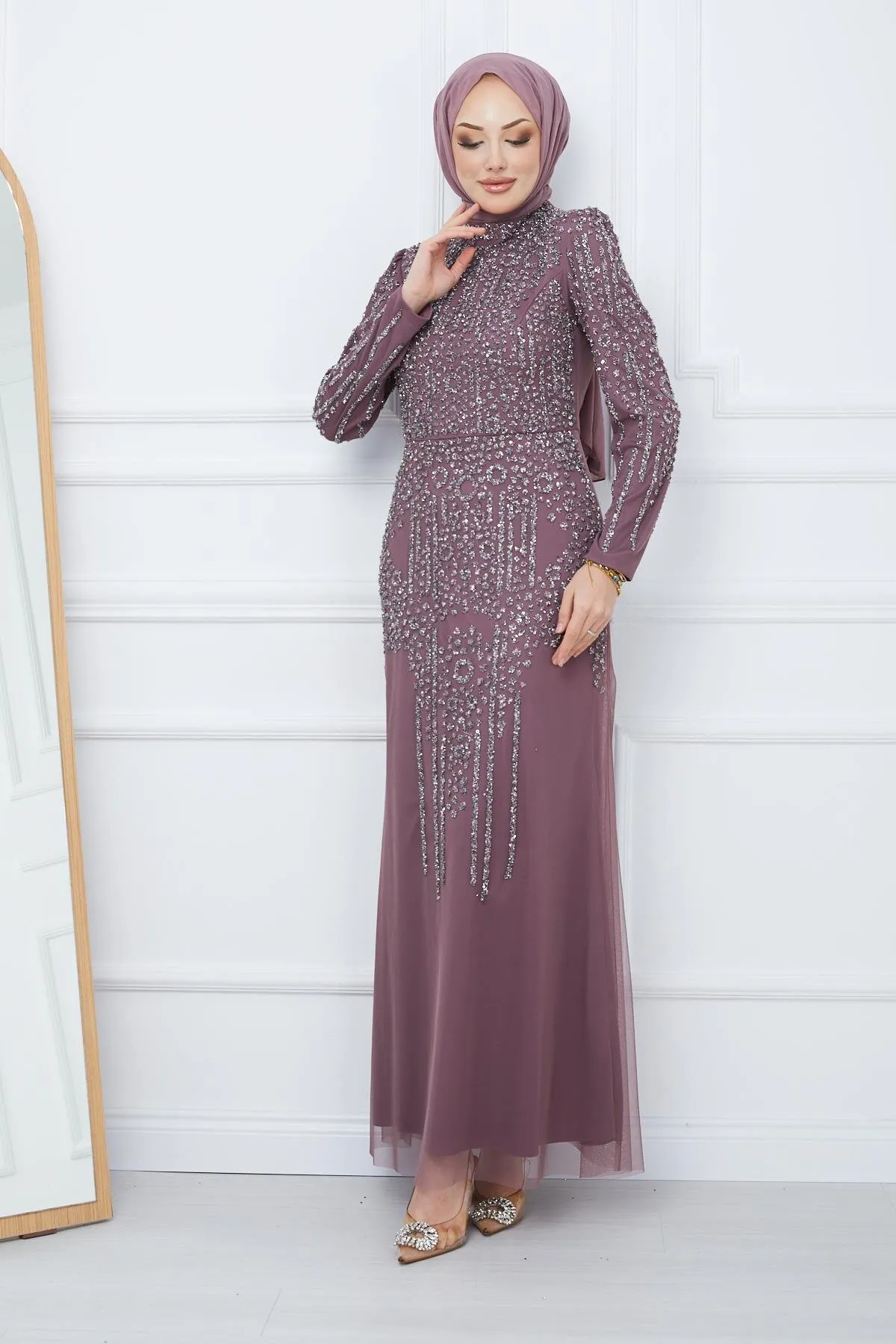 Olcay  Perlen- und juwelenbesetztes Hijab-Abendkleid aus Tüll DRY ROSE 1663