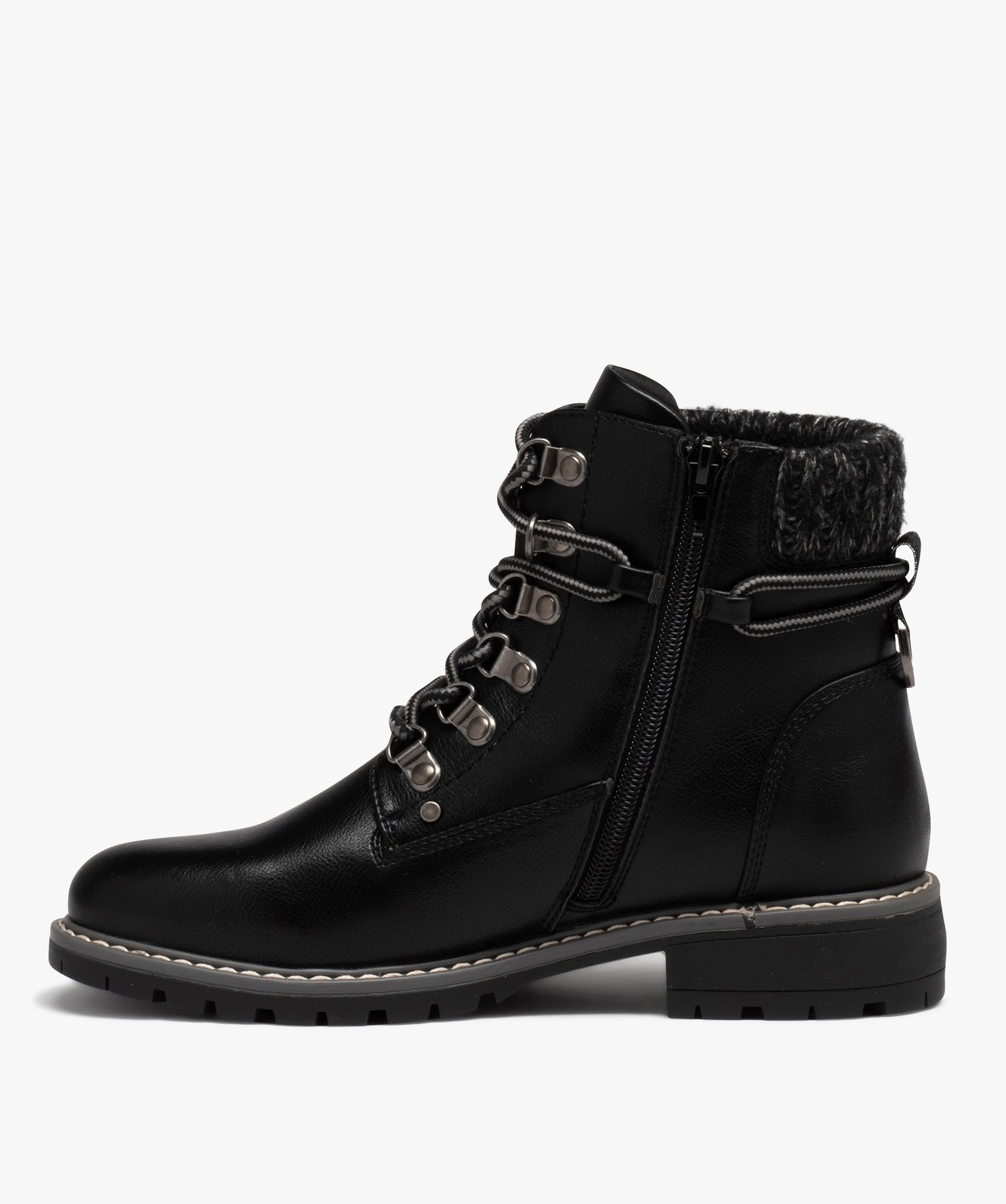 Boots femme unies avec col en maille et lacets de montagne noir | GEMO