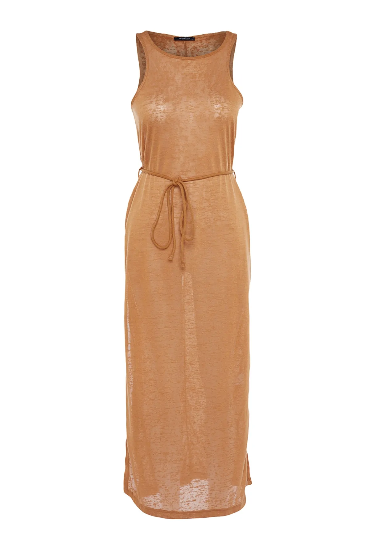 Trendyol Collection  Kamelfarbenes, gestricktes Maxi-Strandkleid mit Schlitz und Gürtel TBESS21EL2991