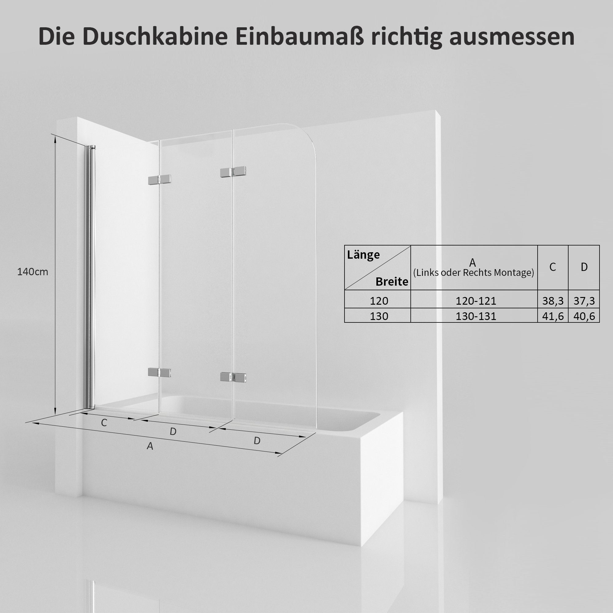 Boromal Badewannenaufsatz Duschwand für Badewanne 3 teilig Badewannenfaltwand Faltbar 120-130cm, Sicherheitsglas, (3-teilig faltbar, 3-teilig faltbar), Duschtrennwand 6mm ESG Glas, Nano