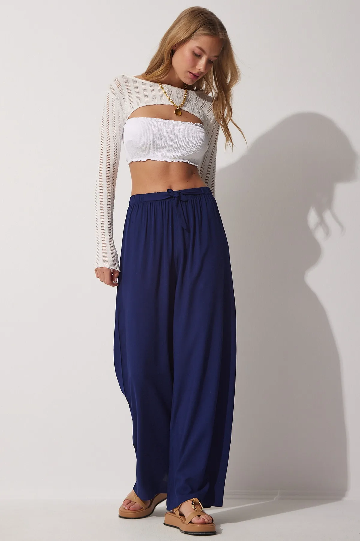 Happiness İstanbul  Marineblaue Palazzo-Viskosehose für Damen BH00322
