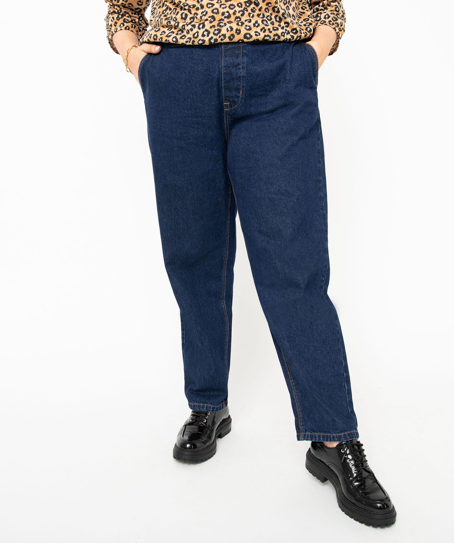 Jean femme grande taille délavé coupe mom taille élastiquée brut | GEMO