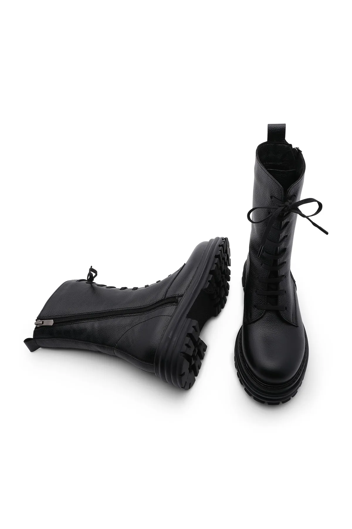 Marjin  Damenstiefel aus echtem Leder mit Reißverschluss und Schnürung, dicke Sohle, Alltagsstiefel Viles Schwarz