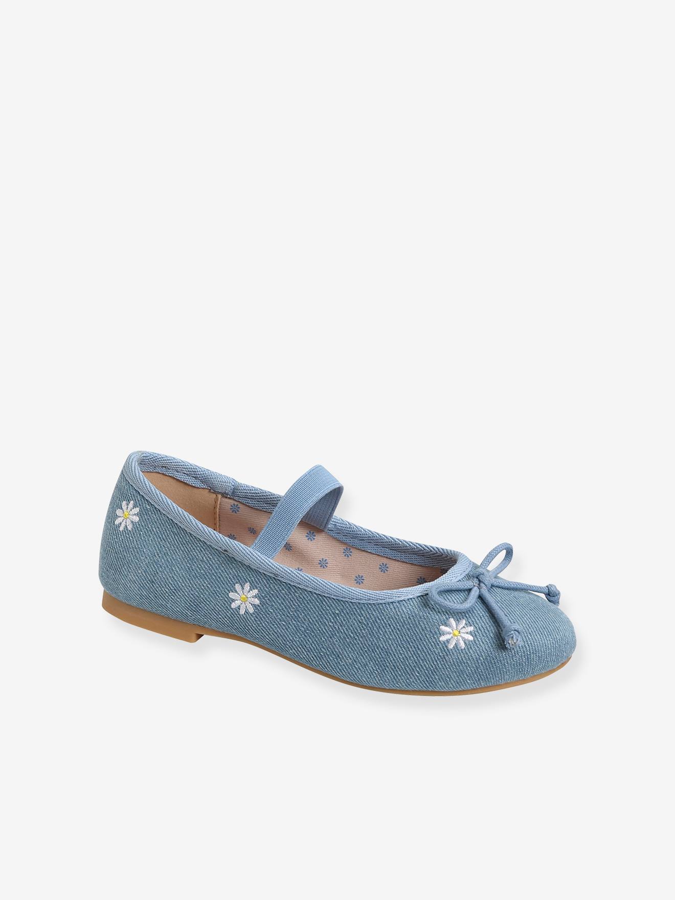 Ballerines fille en toile brodée bleu