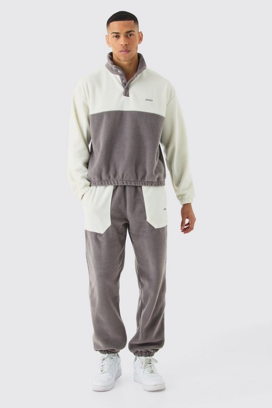 Man Oversize Colorblock Fleece-Trainingsanzug mit Druckknöpfen