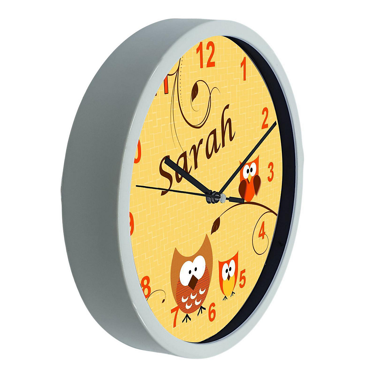 Kinder Wanduhr personalisiert mit Name Eule Orange