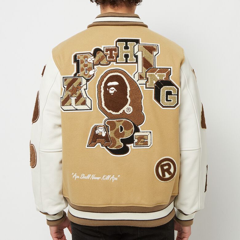 A Bathing Ape Multi Motif Varsity Jacket beige