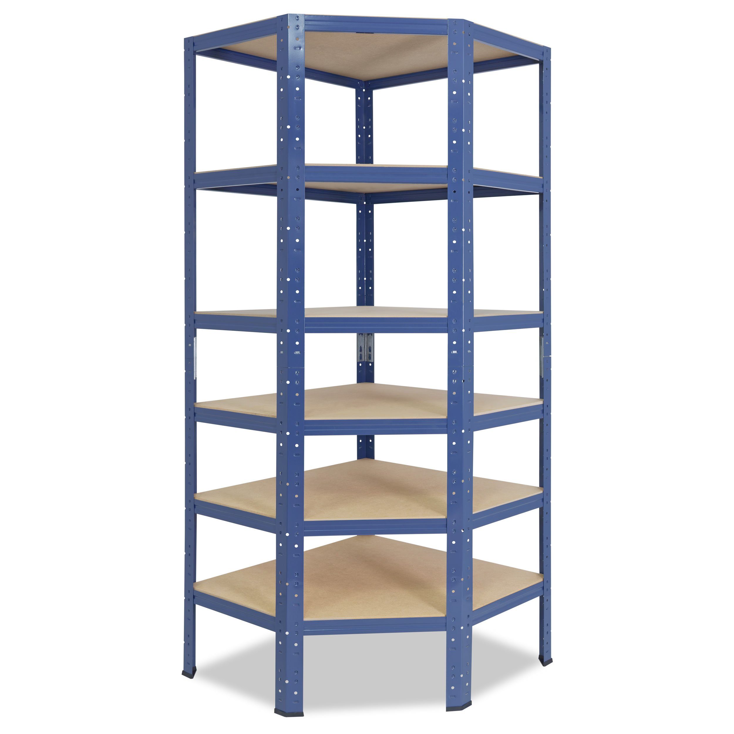 shelfplaza Eckregal HOME, 180x90x60cm blau, Metall Eckregal stehend mit 6 Böden, Corner Shelf 145kg Tragkraft Schwerlastregal Ecke, Steckregal verzinkt Eckregal Keller Garagen Regal