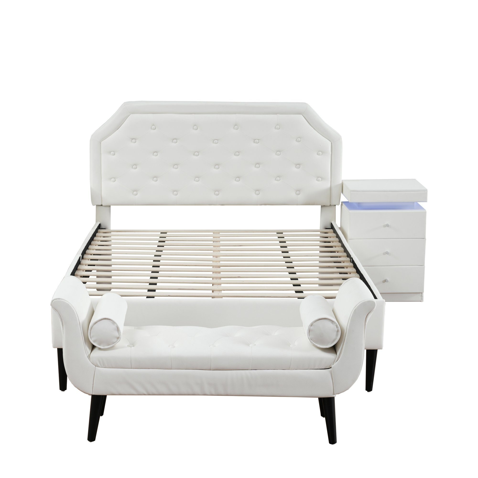 Flieks Schlafzimmer-Set, Polsterbett 140x200cm + LED Nachttisch + Betthocker, Kunstleder