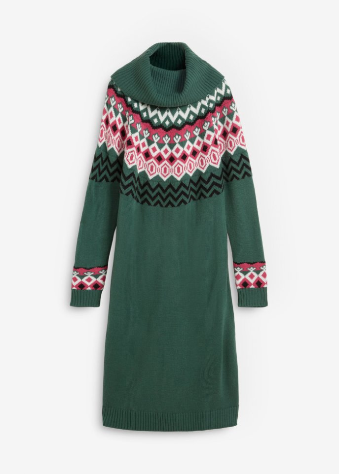 Strickkleid mit Norwegermuster und weitem Rollkragen, kniebedeckend