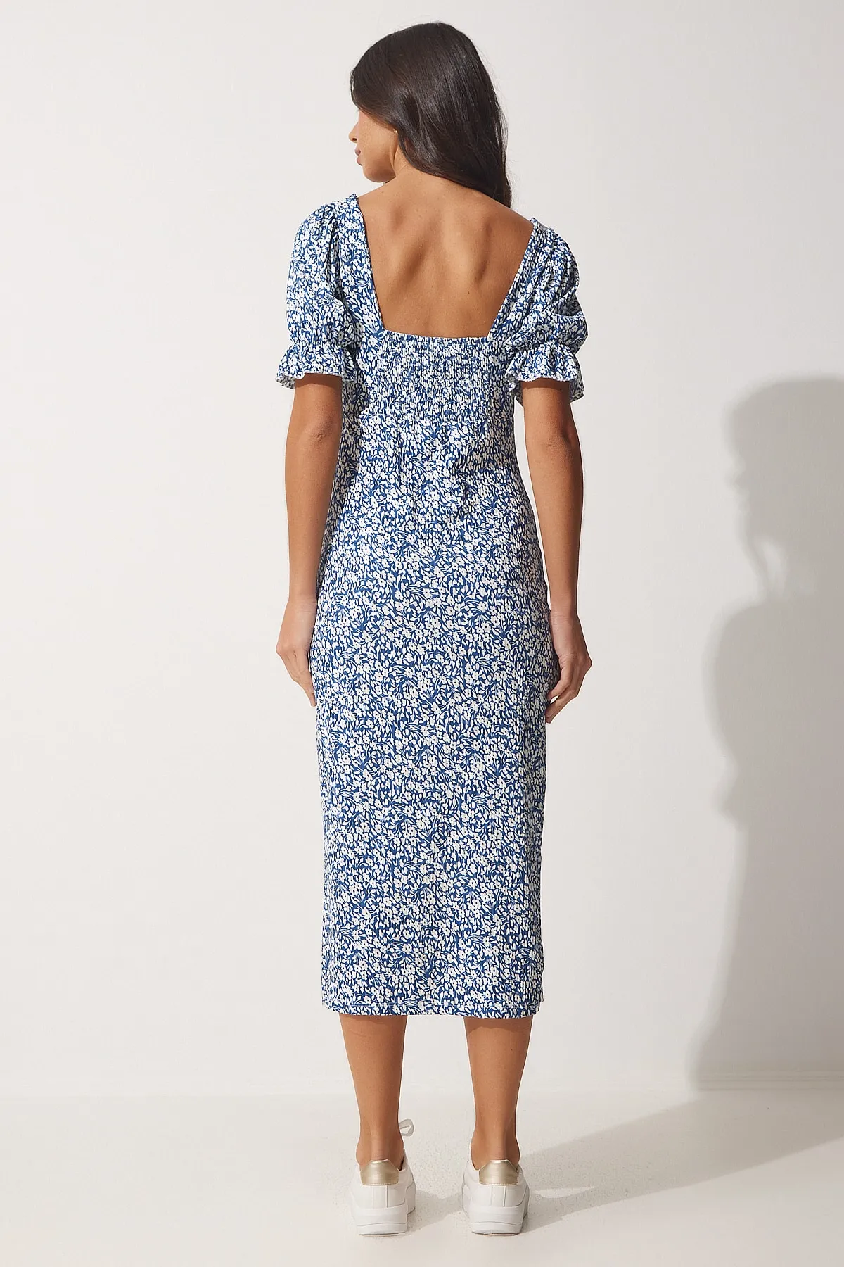Happiness İstanbul  Blaues gerafftes Sommer-Strickkleid für Damen MC00188
