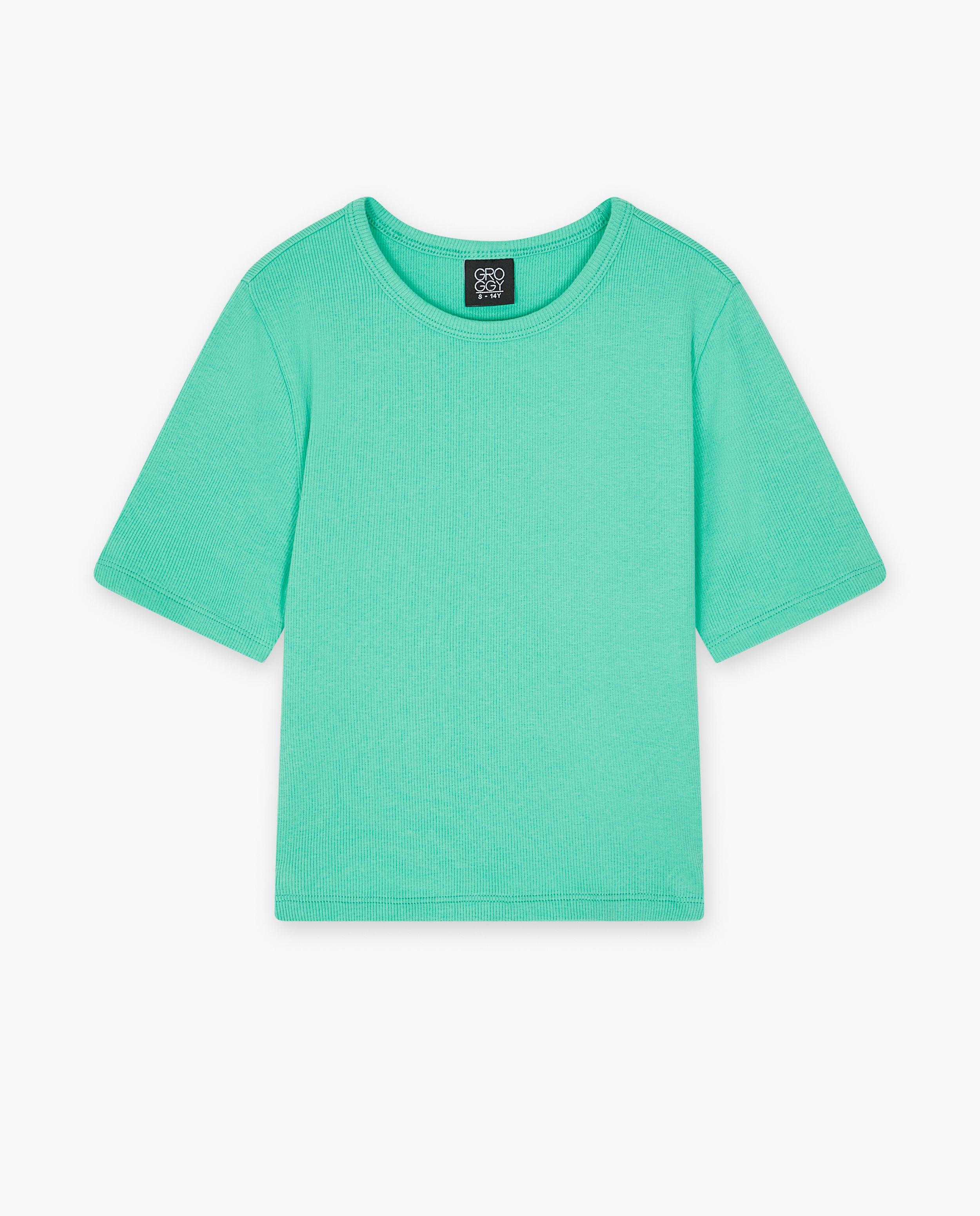 Groggy T-shirt med fina ribbstickade detaljer, cropped fit blå