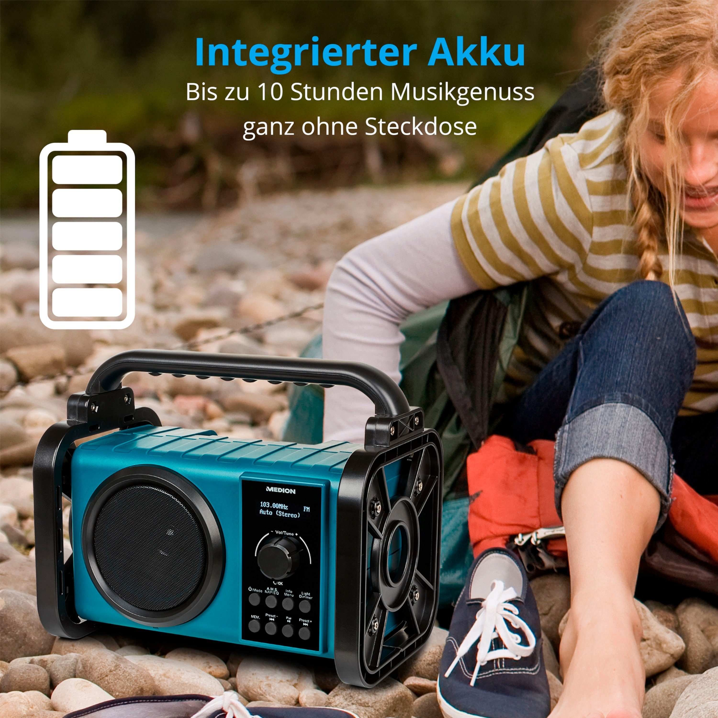 Medion® E66877 Baustellenradio, LC-Display, Bluetooth, IP44, LED-Licht Baustellenradio (AM/FM, MW/UKW, DAB+, 5 W, MD43877)
