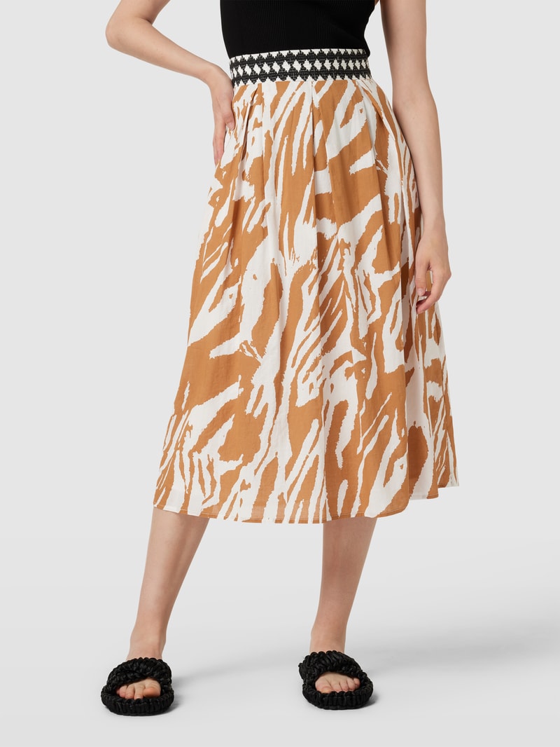 Midirock mit Allover-Muster und Kellerfalten in beige