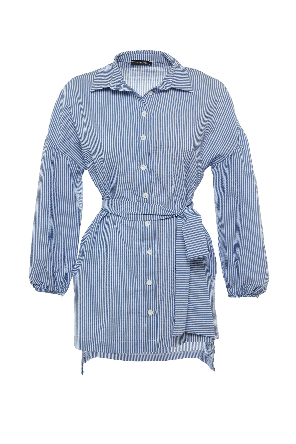 Trendyol Modest  Blau gestreiftes, gewebtes Hemd mit Ballonärmeln und langem Rücken, Gürtel TCTSS22GO0116