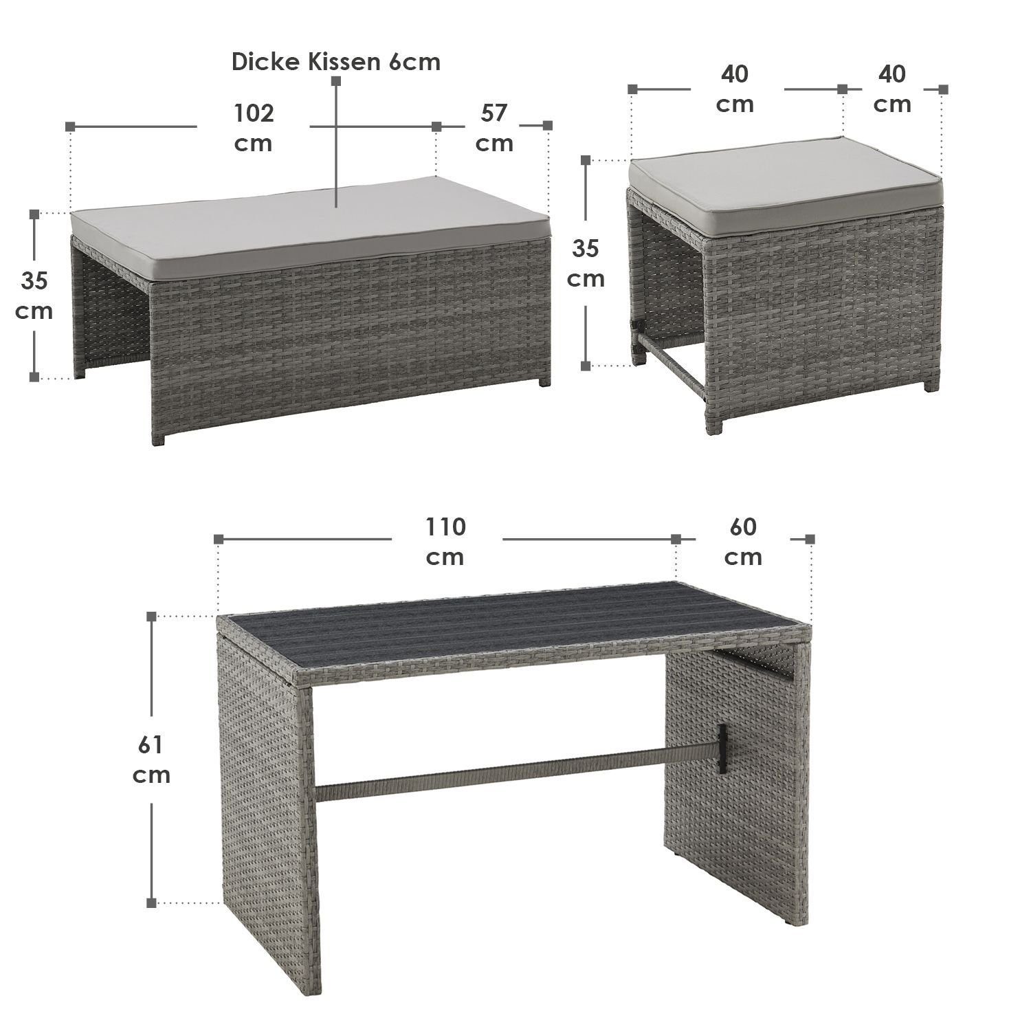 Juskys Gartenlounge-Set Jamaika, 2in1 Polyrattan Set, wetterbeständig