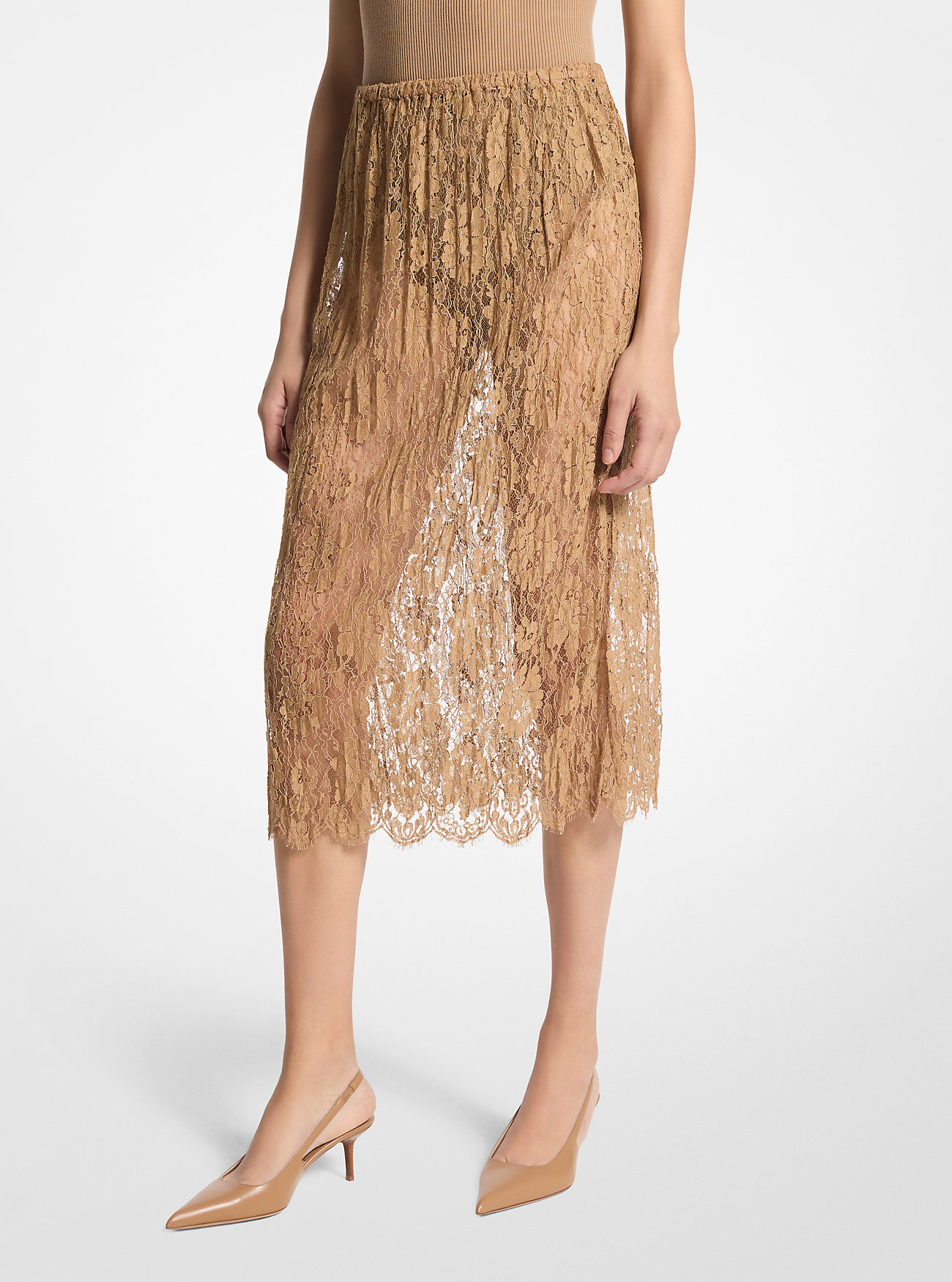 Crushed Floral Lace Slip Skirt - CAPPUCCINO