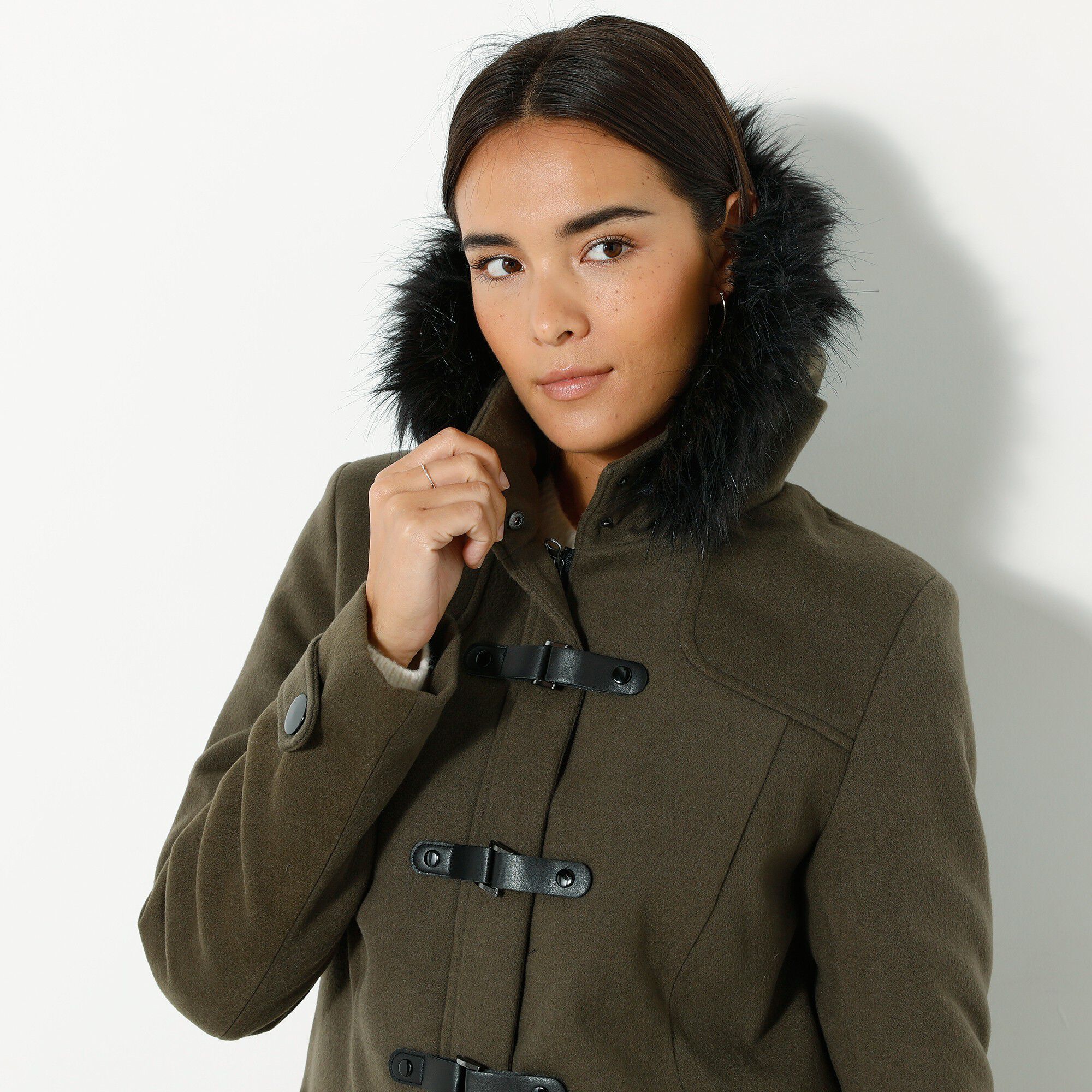 Duffle-coat capuche fausse fourrure uni