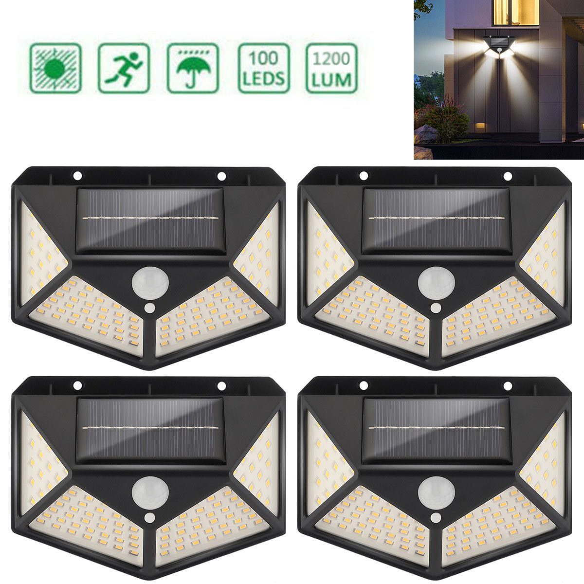 LETGOSPT LED Solarleuchte 4x Solarleuchte 100 LEDs Wandleuchte mit Bewegungsmelder Außenlampe, LED fest integriert, IP65 Außenleuchte Gartenlampe Strahler Lampe Licht
