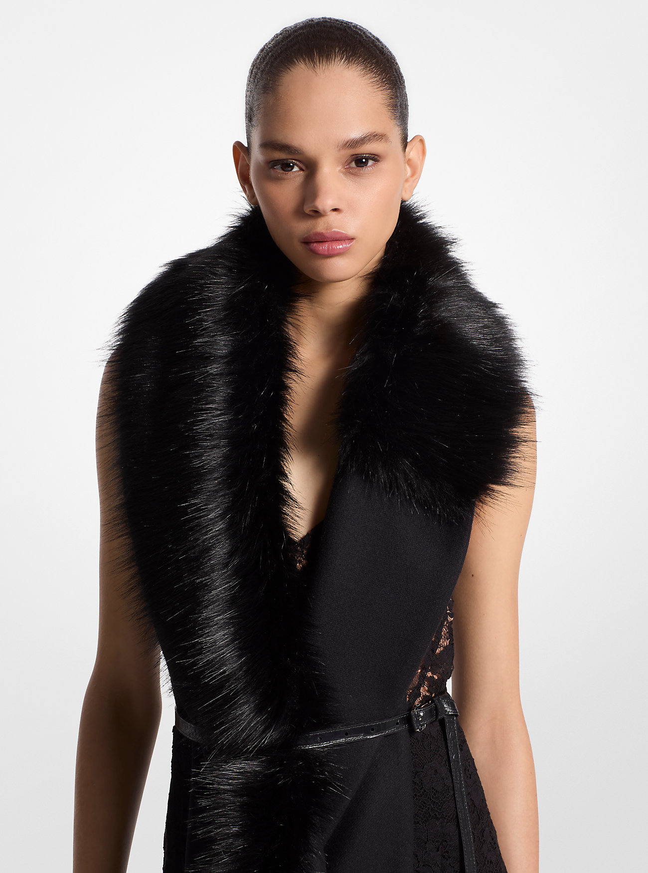 Wool Melton Faux Fur Stole - BLACK