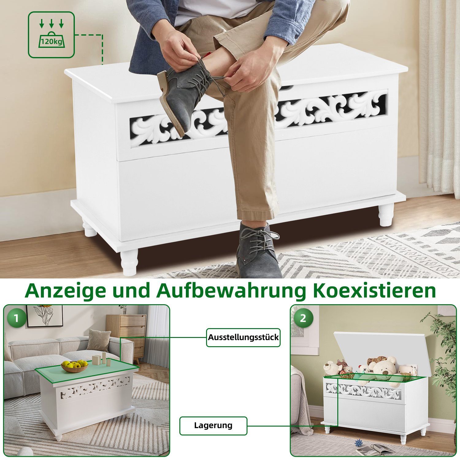 Daynee Truhe Aufbewahrungstruhe,Sitzbank mit Stauraum,Spielzeugtruhe mit Deckel (Gartenbox), Wohnzimmer, Esszimmer, Flur, Schlafzimmer, Badezimmer, 80x40x48cm