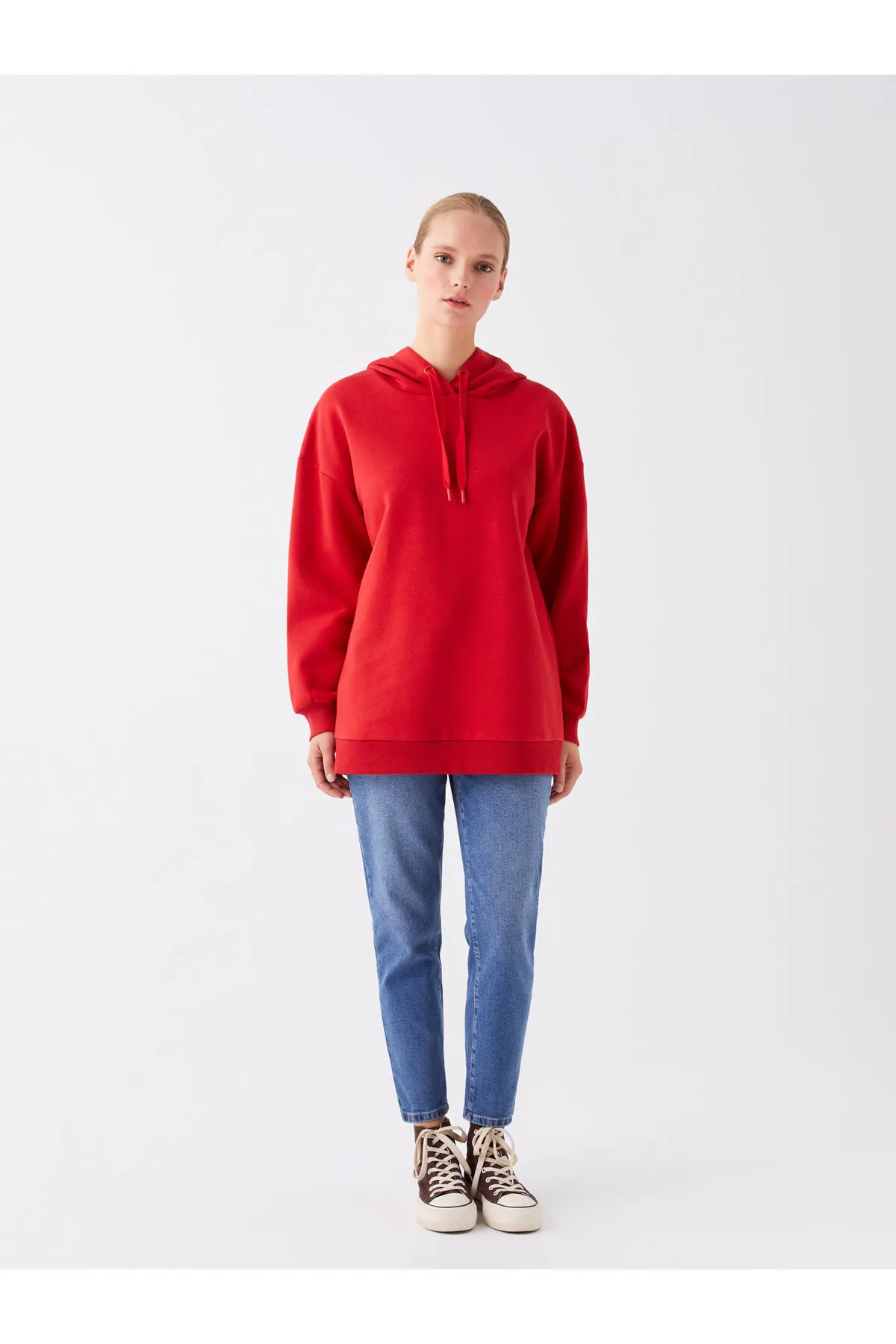 LC Waikiki  Einfarbige Langarm-Sweatshirt-Tunika für Damen mit Kapuze