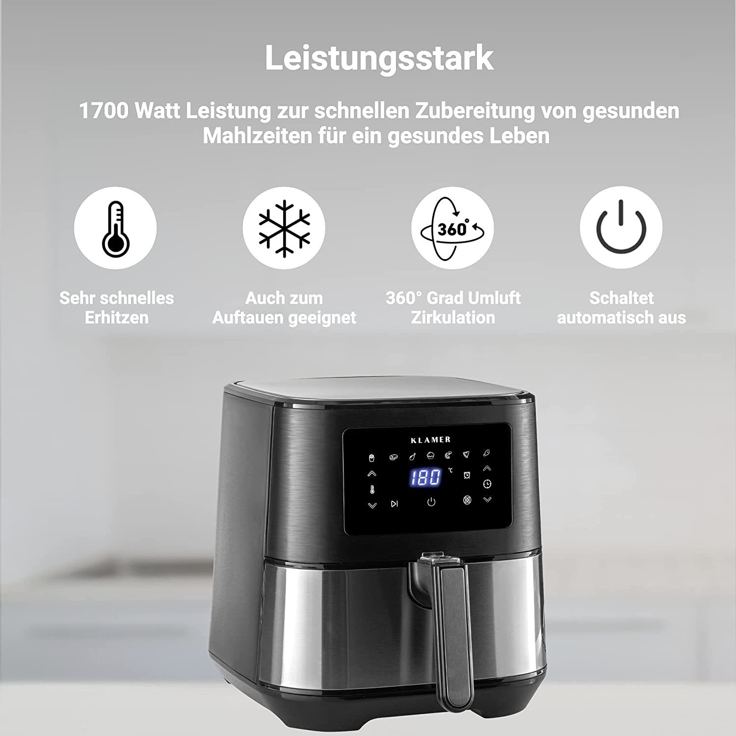 KLAMER Heißluftfritteuse KLAMER Heißluftfritteuse XL 5,5l, Multifunktionale Heissluftfritteuse…