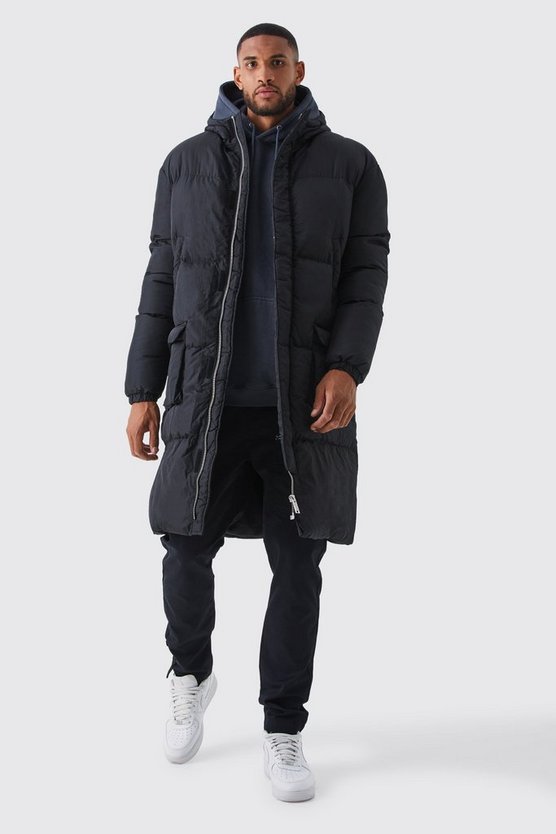 Tall lange Steppjacke mit 4-Taschen und Kapuze