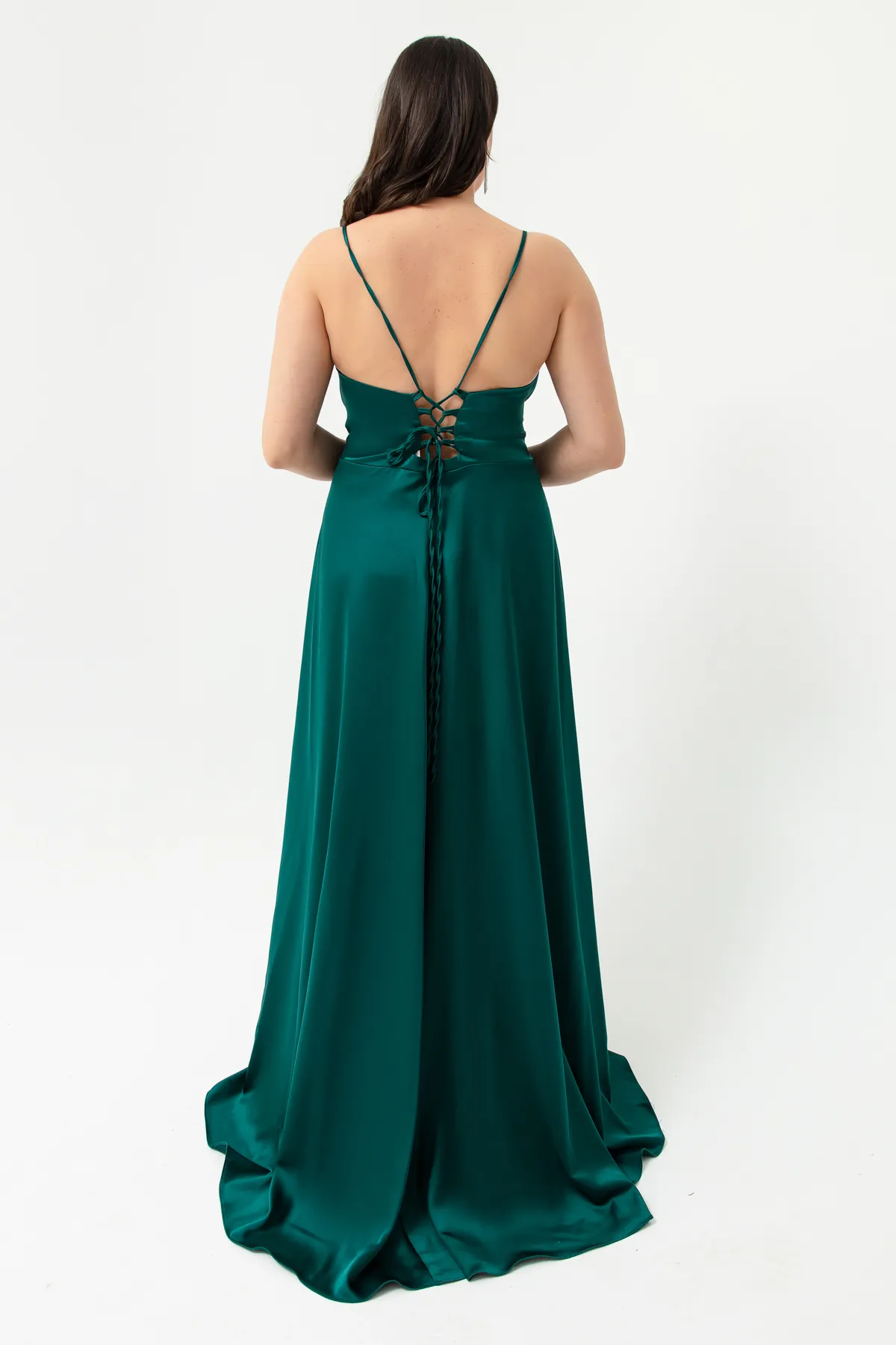 Lafaba  Smaragdgrünes Volant-Schlitz-Abendkleid aus Satin in Übergröße für Damen, Abschlusskleid