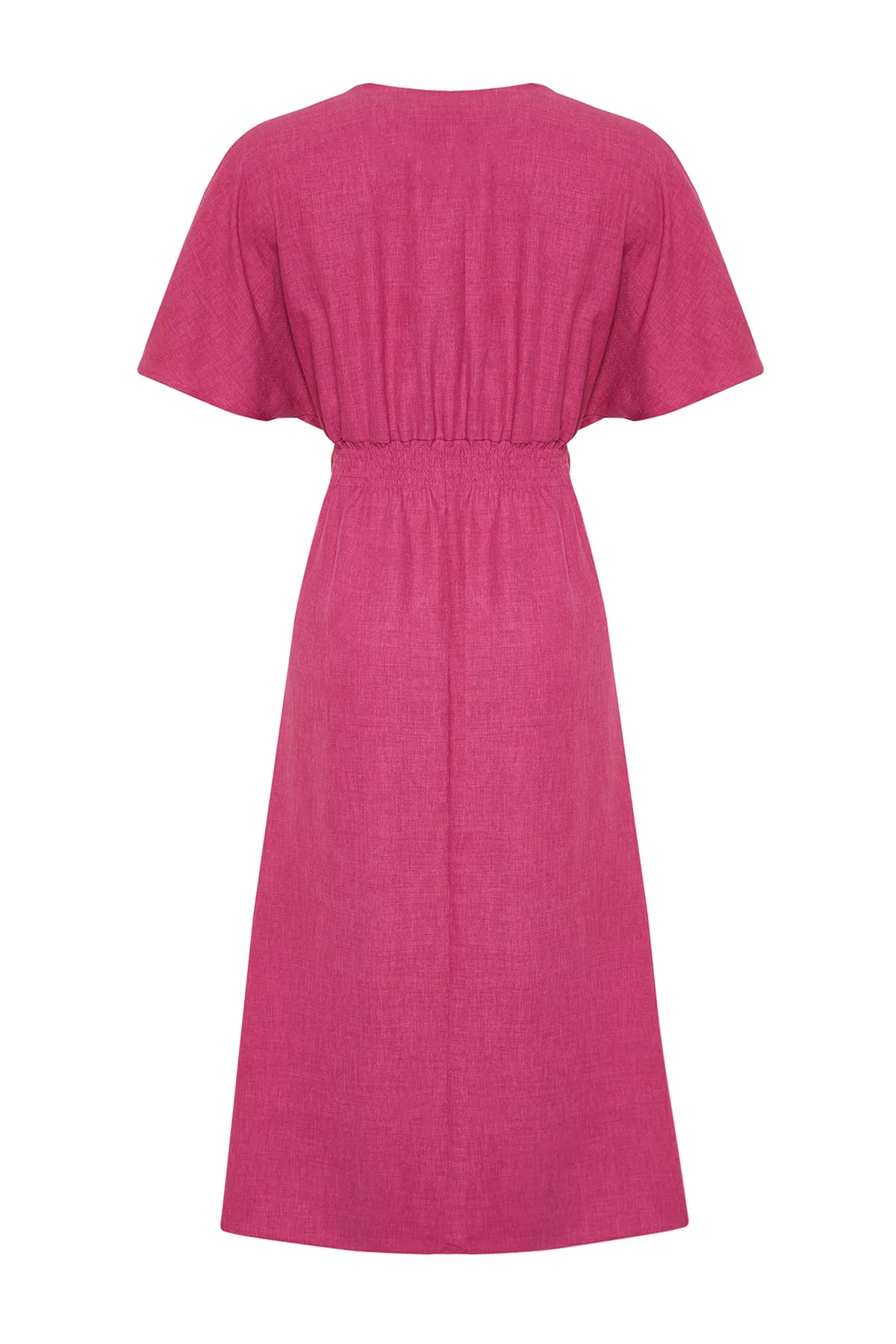 Trendyol Collection  Fuchsiafarbenes A-Linien-Midikleid aus Webstoff mit V-Ausschnitt und Bindedetail TWOSS23EL01543