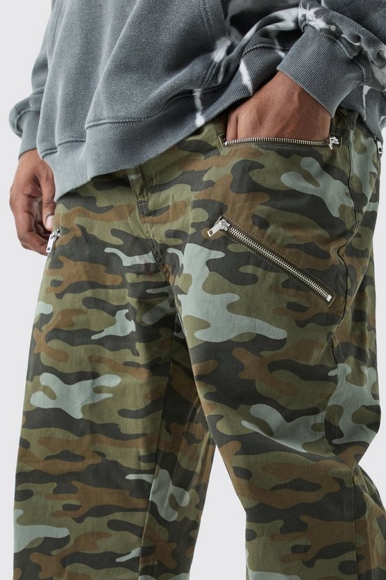 Plus Fixed Waist Straight Leg Twill Camo Zip Gusset Trouser