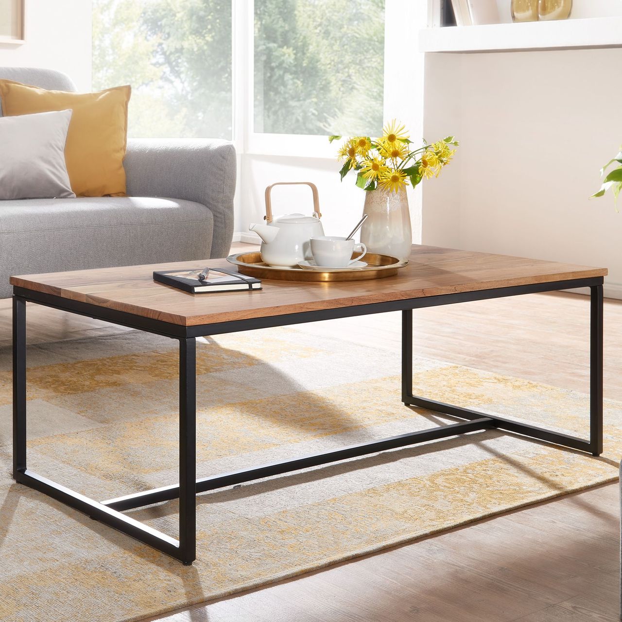 Wohnling Couchtisch 110x60x40 cm Massivholz Akazie Metall