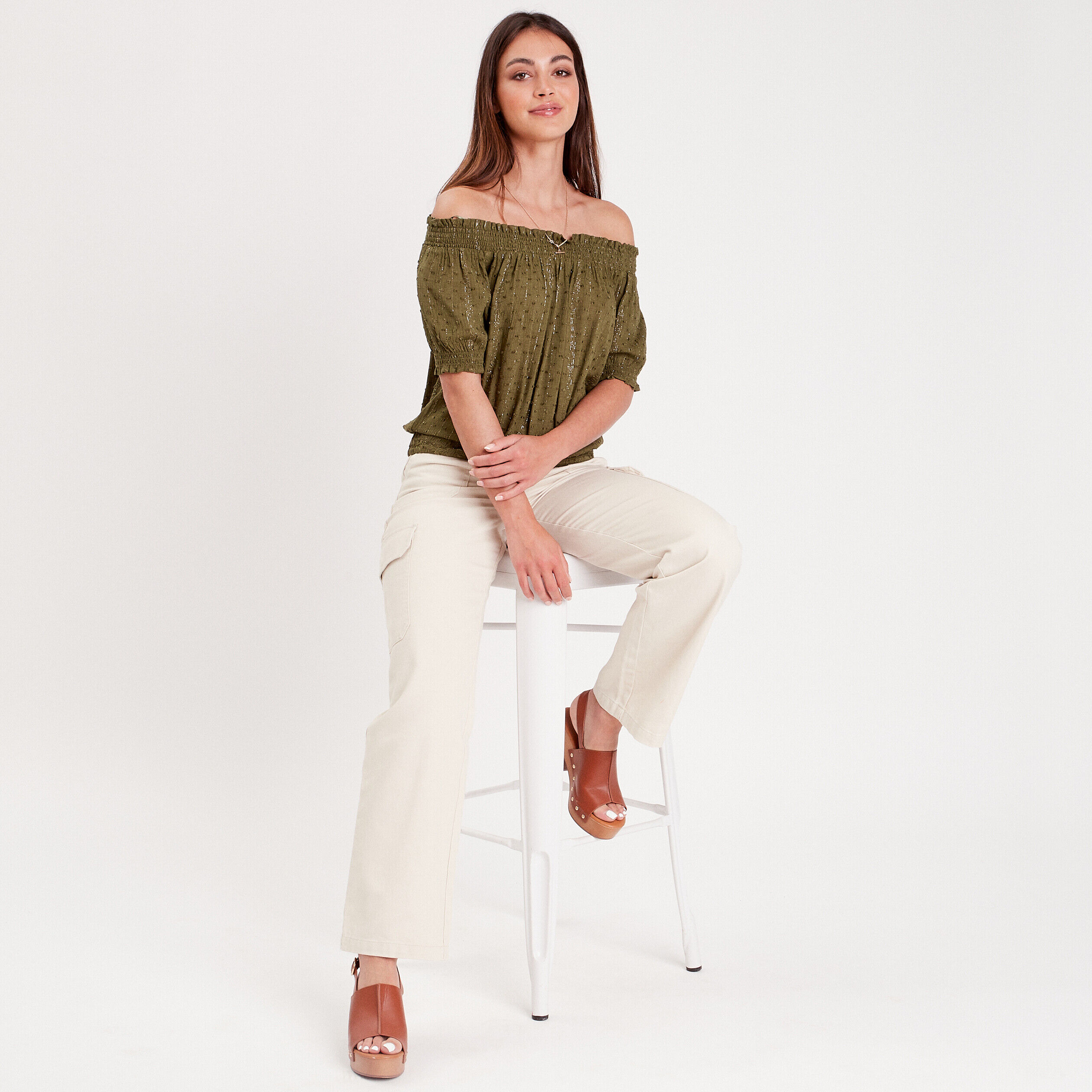 Blouse manches courtes à col bardot vert foncé femme | Cache Cache