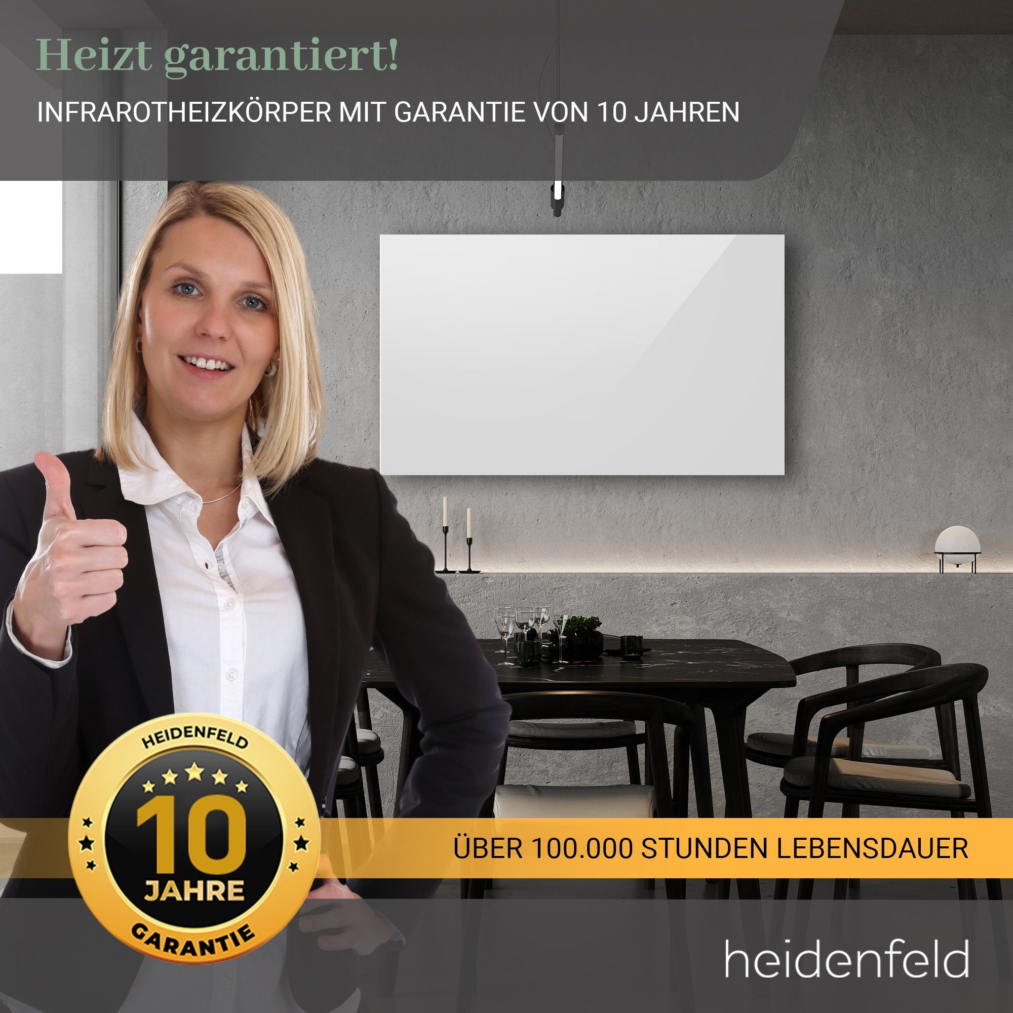 Heidenfeld Infrarotheizung 300 - 1200 W Wand Decken Elektroheizung HF-HP130 - 10 J. Garantie, Fernbedienung - Fenster-Auf-Erkennung - Infrarot Heizung Heizkörper