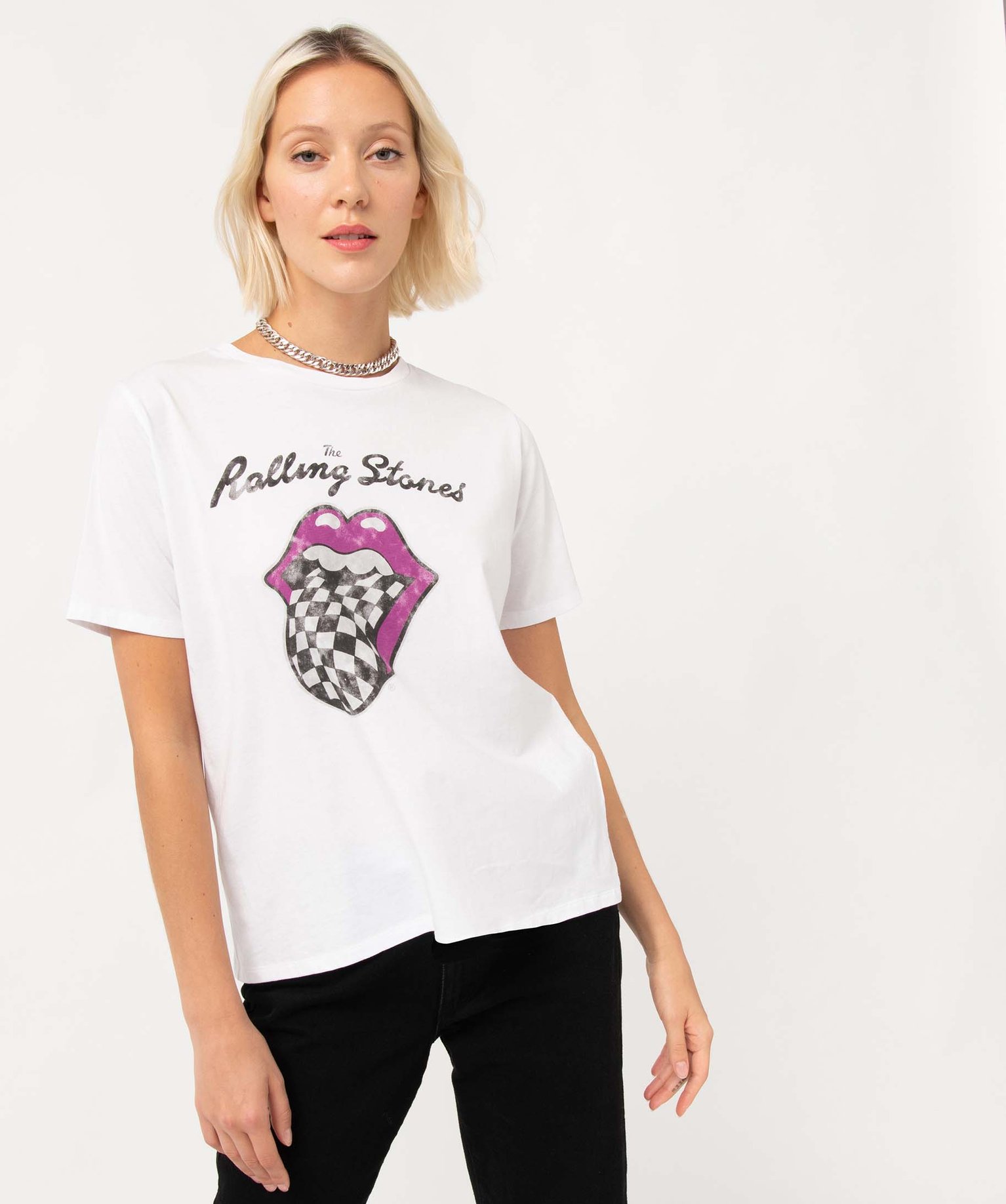 Tee-shirt femme à manches courtes avec motif - Rolling Stones blanc | GEMO