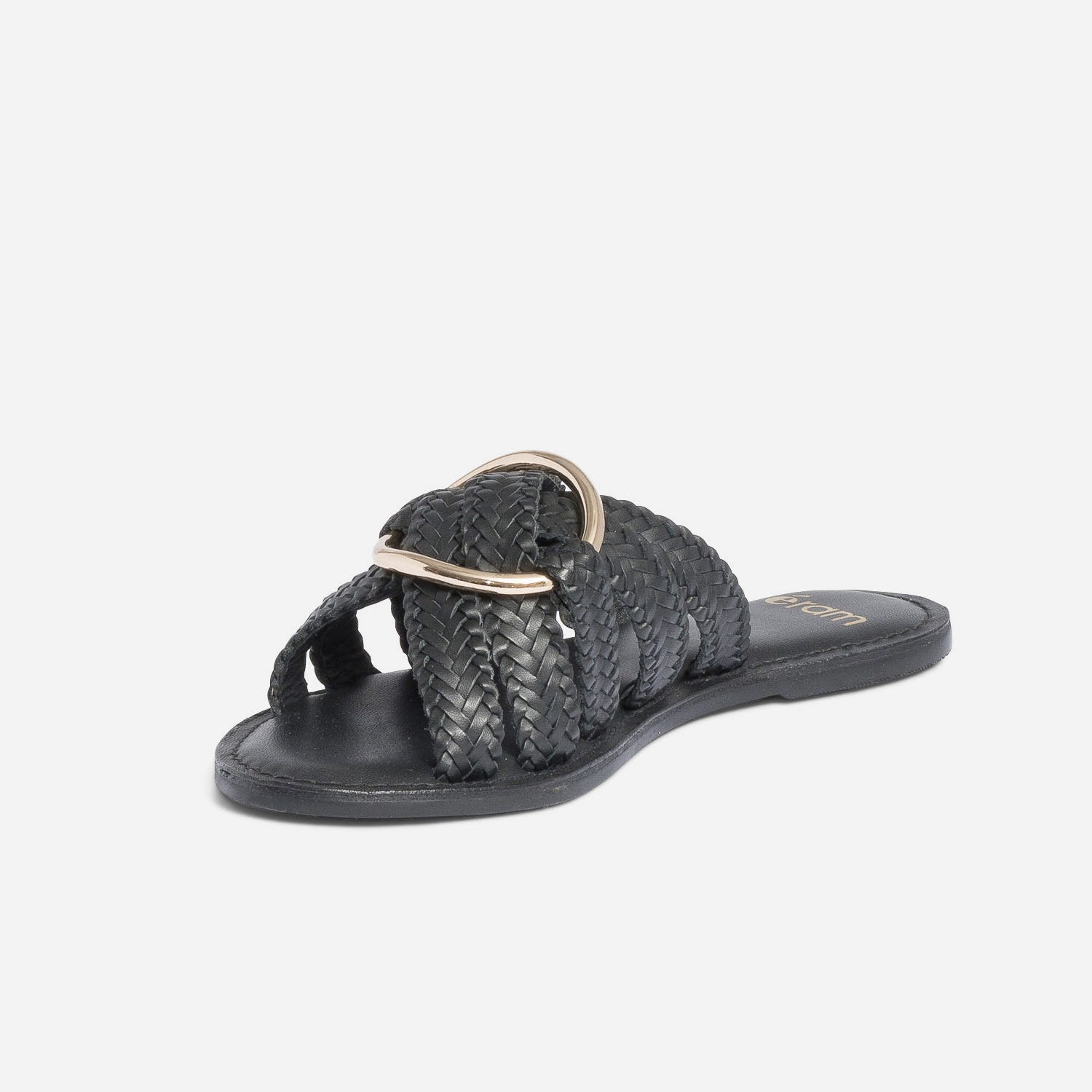 Mule noire en cuir tressé avec maxi anneau