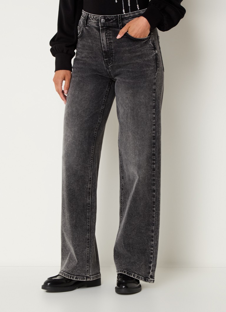 Taifun Hose high waist wide leg jeans with colored wash and rhinestones