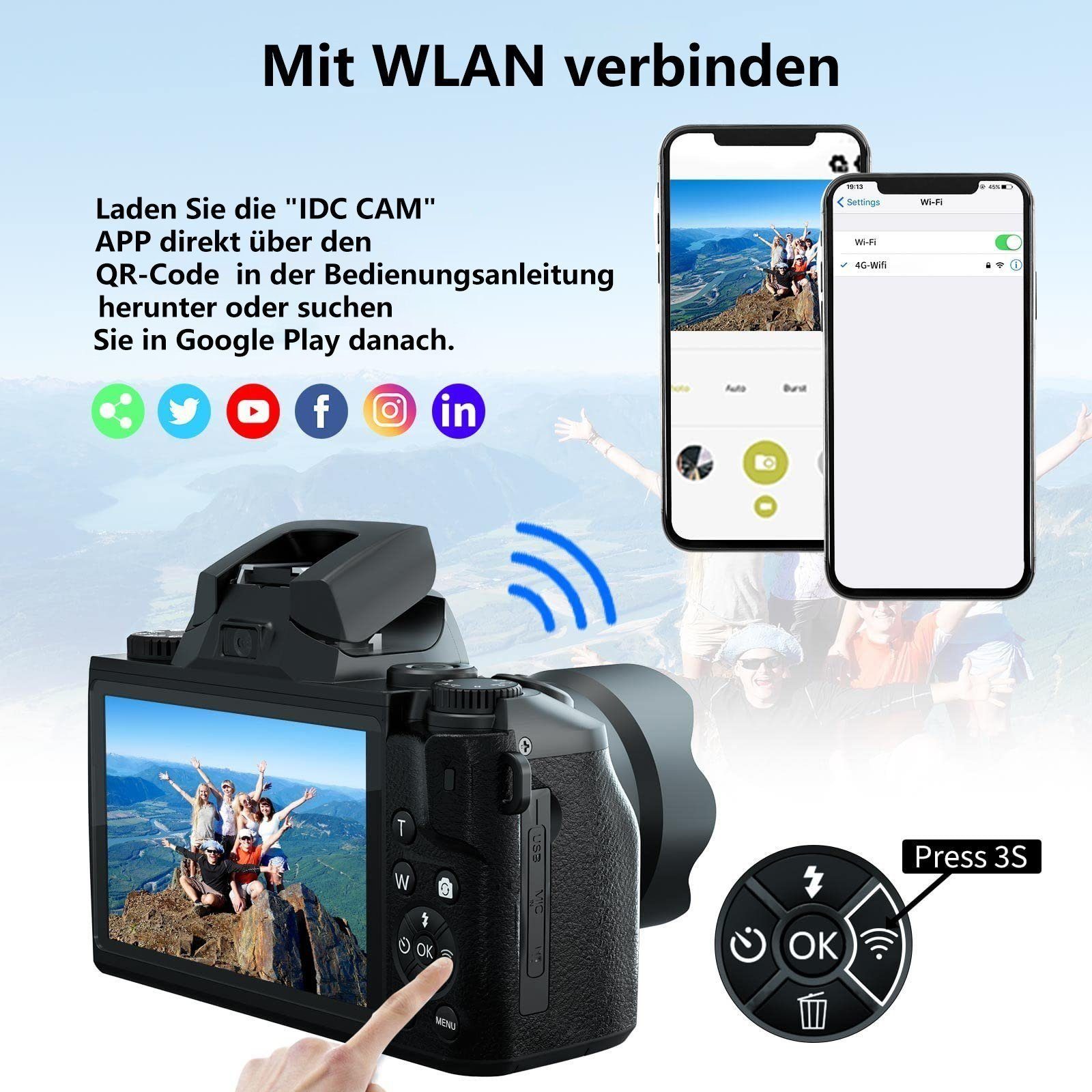Fine Life Pro W5 Digitalkamera 64MP Kompaktkamera Superzoom-Kamera (64 MP, 16x opt. Zoom, WLAN (Wi-Fi), inkl. 4K 64MP Digitalkamera, Kostenlose 64GB Speicherkarte, Inklusive Handtasche)