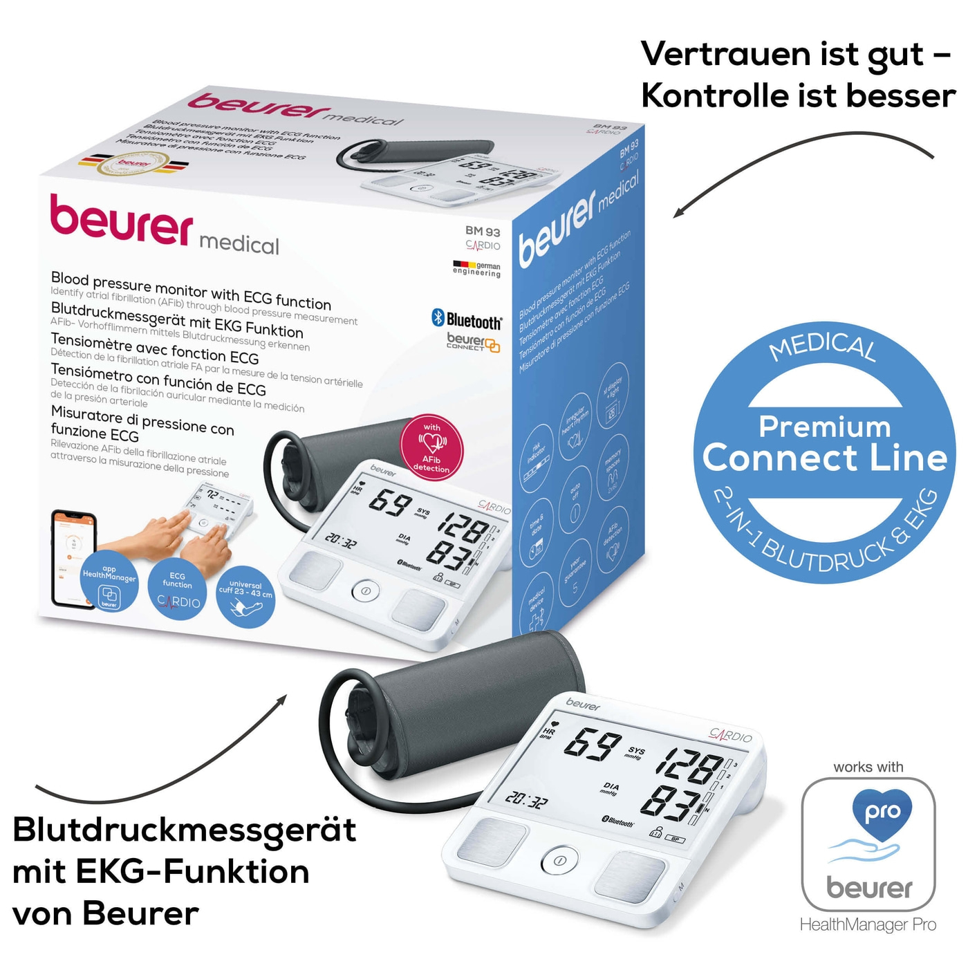 Beurer Oberarm-Blutdruckmessgerät BM 93 mit EKG Funktion-Bluetooth® Oberarm-Blutdruckmessgerät mit Risiko-Indikator & EKG-Fingersensor