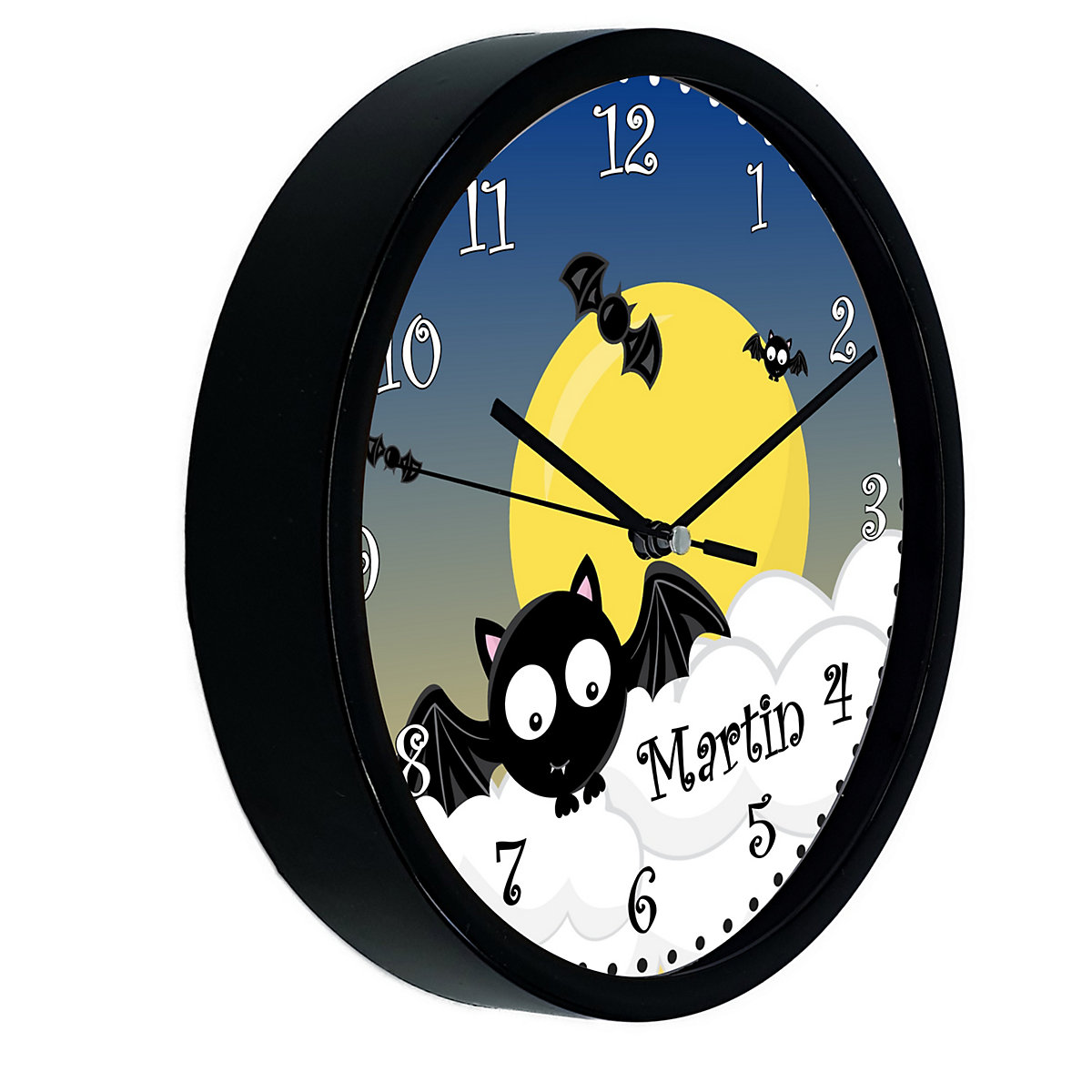 Kinder Wanduhr laufruhig personalisiert mit Name Fledermaus
