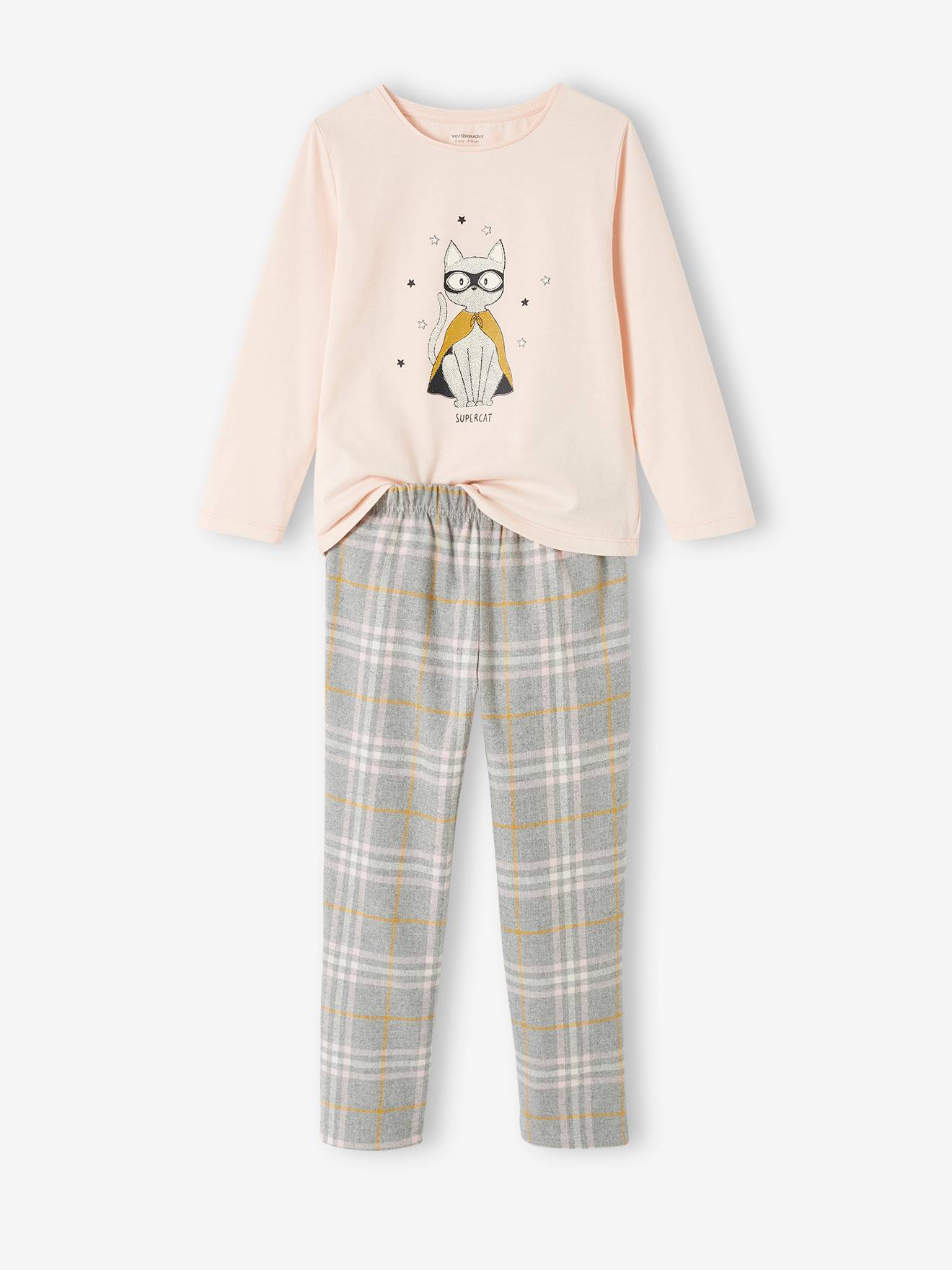 Vertbaudet Mädchen Schlafanzug mit Flanellhose SUPERCAT - hellrosa